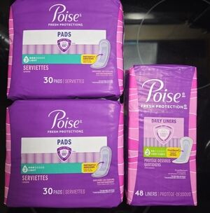 Poise Pads 3 Drop Light Pads 30x2 Pack  + Poise Liners 48 Count Bundle